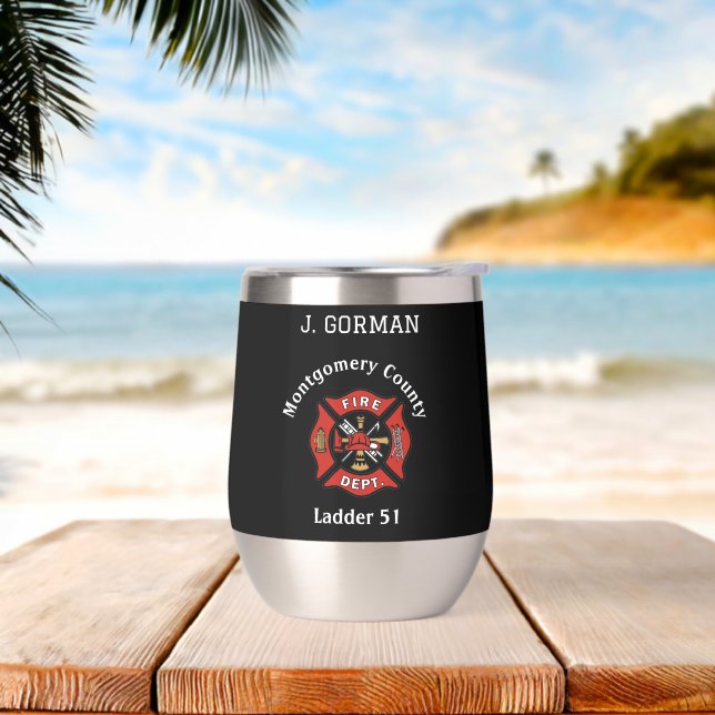 Red and Black Fire Department Logo Personalized Thermal Wine Tumbler (Beach)