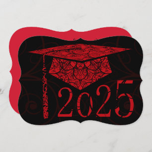 Red and Black Floral Cap 2025 Graduation Party Invitation