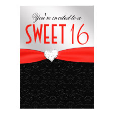 Red and Black Floral Damask Diamond Heart Invitation