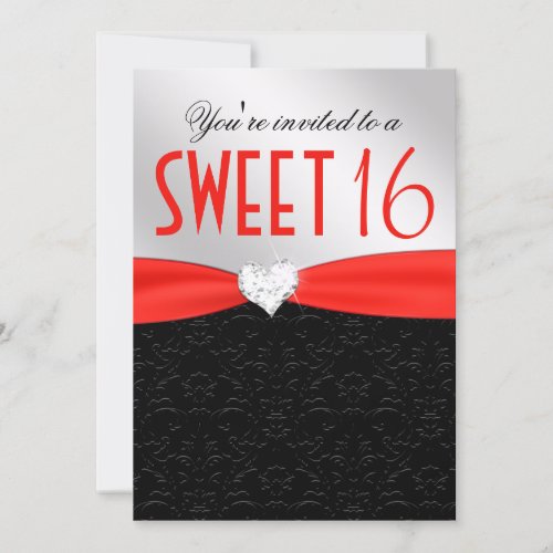 Red and Black Floral Damask Diamond Heart Invitation