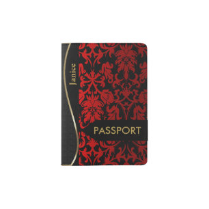 Red and Black Floral Damask Passport Holder