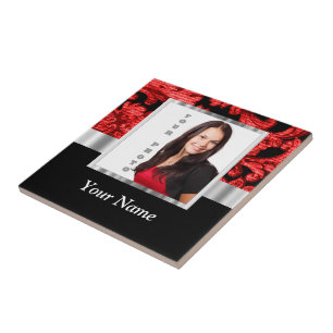 Red and black floral damask template ceramic tile