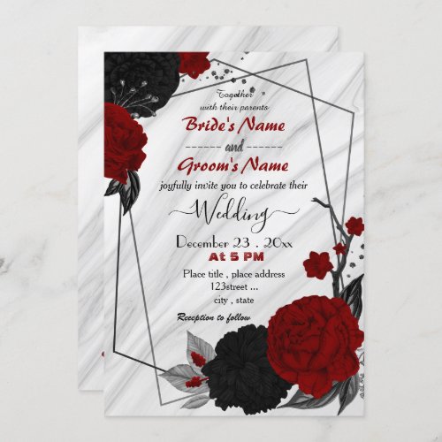 red and black floral geometric wedding invitation
