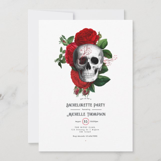 Red and Black Floral Gothic Bachelorette Party Invitation (Front)