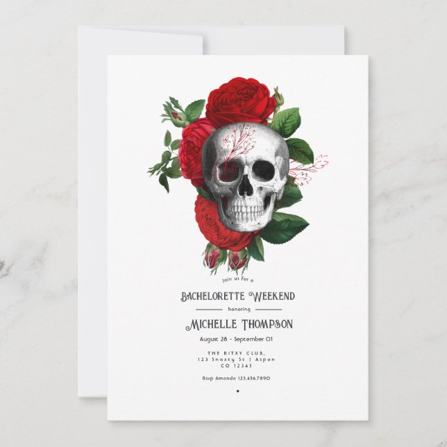 Red and Black Floral Gothic Bachelorette Weekend Invitation (Front)
