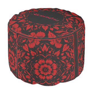 Red and Black Floral Pattern Personalized Name Pouf
