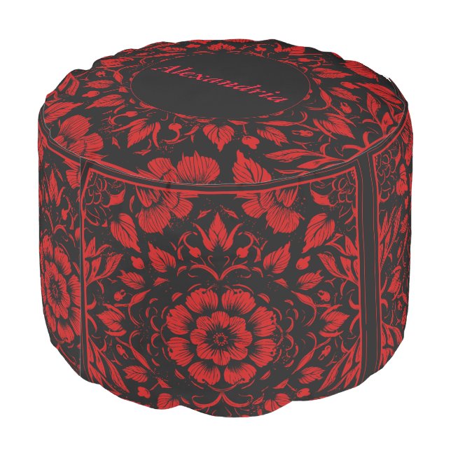 Red and Black Floral Pattern Personalized Name Pouf (Angled Back)