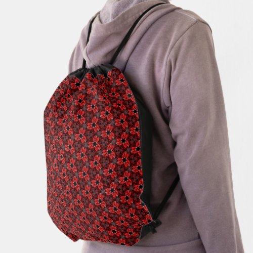 Red and Black Floral Show Drawstring Backpack