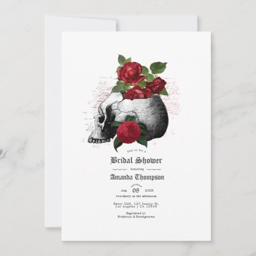 Red and Black Floral Skull Gothic Bridal Shower Invitation