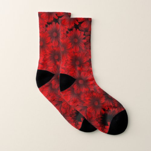 red and black floral socks