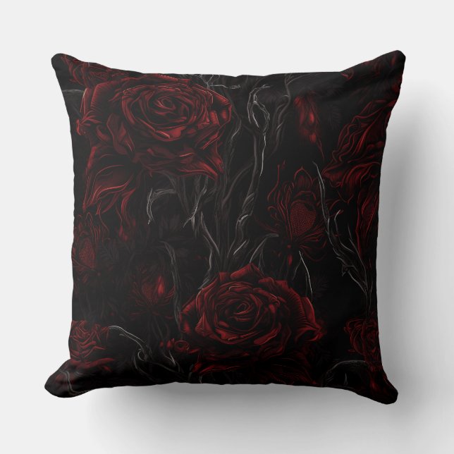 Red and Black Floral Throw Pillow (Front)
