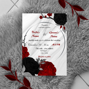 red and black floral wreath wedding invitation