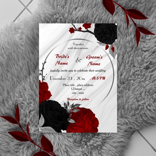 red and black floral wreath wedding invitation