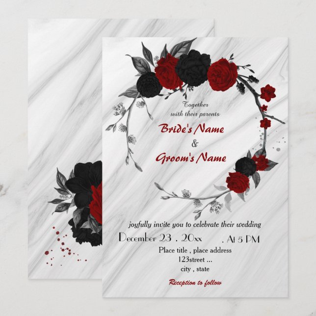 red and black floral wreath wedding invitation (Front/Back)
