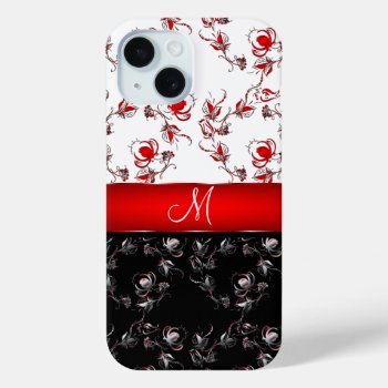 Red And Black Flowers Monogram Iphone 15 Case by Stangrit at Zazzle