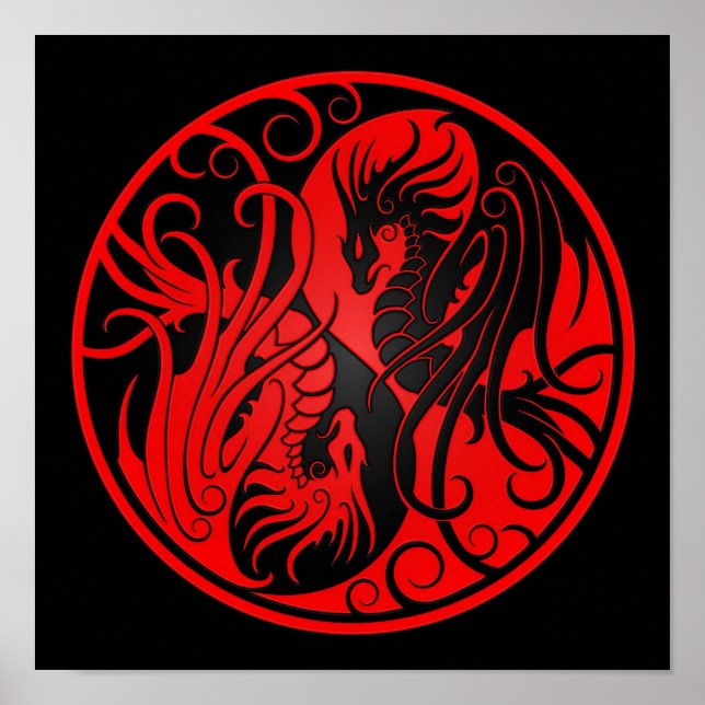 Red and Black Flying Yin Yang Dragons Poster (Front)