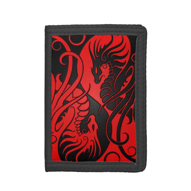 Red and Black Flying Yin Yang Dragons Tri-fold Wallet (Front Vertical)