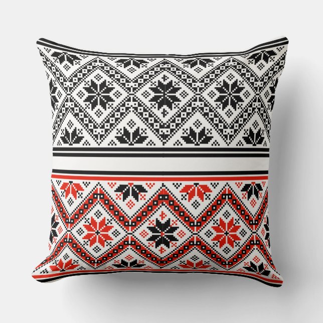 Red and Black Folk Art Geometric Pattern Throw Pillow (Front)