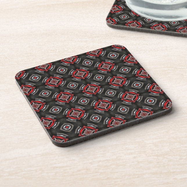 Red and Black Geometric Pattern Beverage Coaster (Left Side)