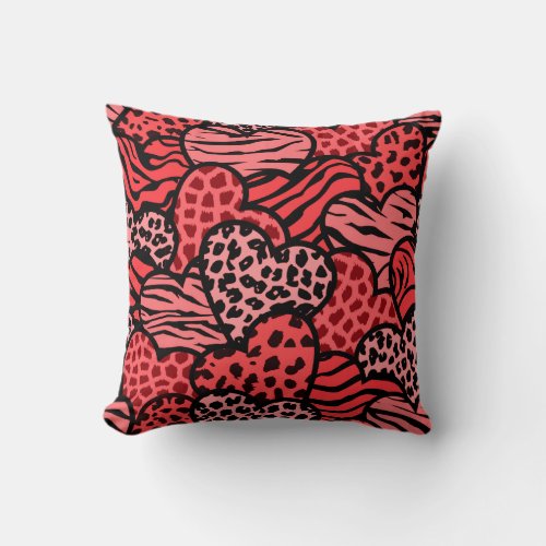 Red and black girly animal print hearts throw pillow