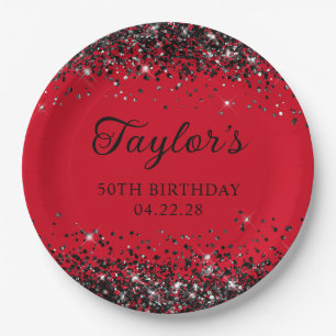 Red and Black Glitter 50th Birthday Paper Plates