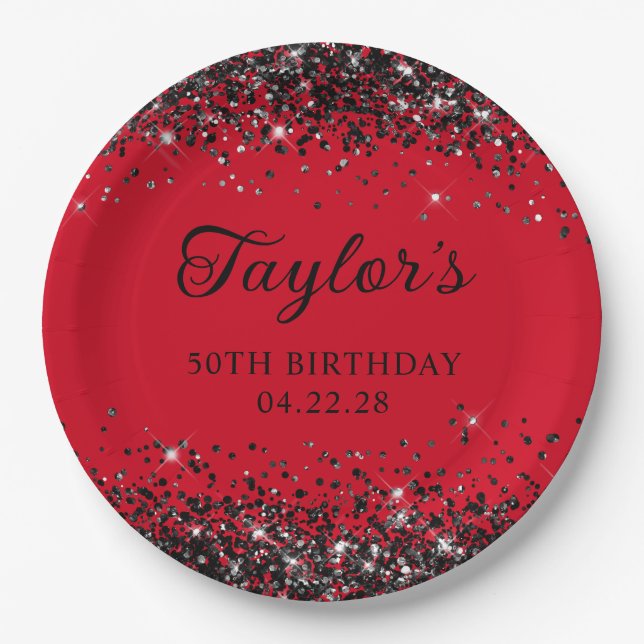 Red and Black Glitter 50th Birthday Paper Plates (Front)