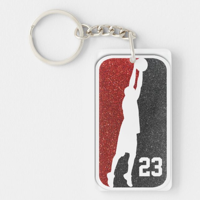Red and Black Glitter Basketball Jersey Number Keychain (Front)