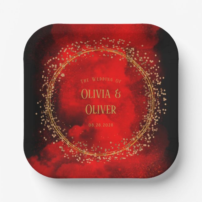 Red and Black Gold Geometric Glitter Wedding Paper Plates (Front)