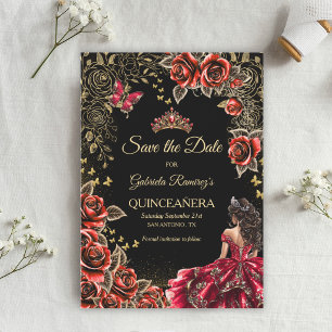 Red and Black Golden Tiara Roses Quinceañera Save The Date