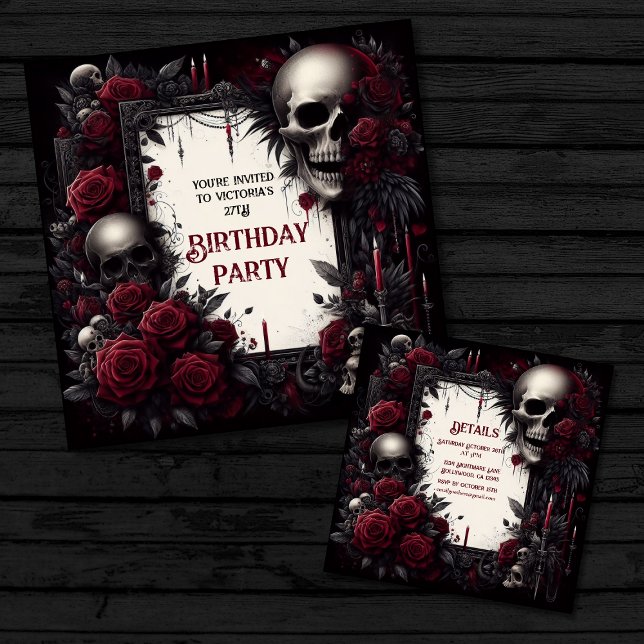 Red and Black Gothic Birthday  Invitation (Image shows front and back of invitation.)