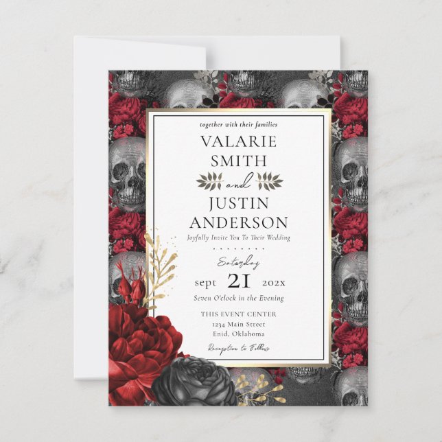 Red And Black Gothic Floral all in one Invitation (Front)