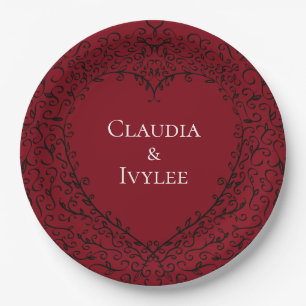 Red and Black Gothic Heart Elegant Wedding Paper Plates