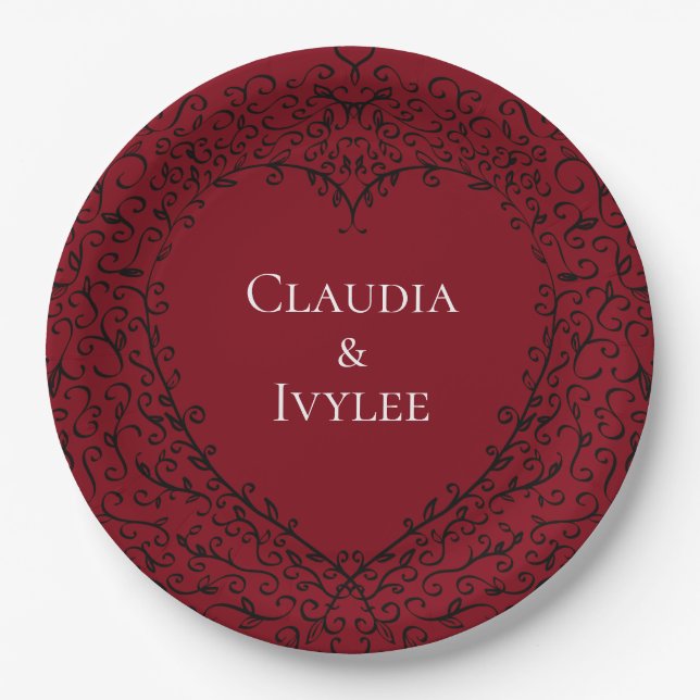 Red and Black Gothic Heart Elegant Wedding Paper Plates (Front)