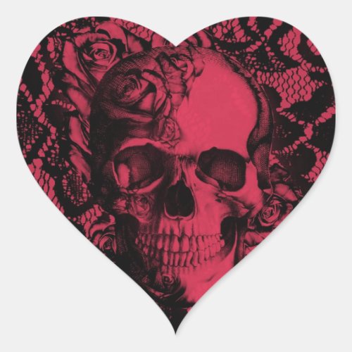 Red and black gothic lace skull heart sticker