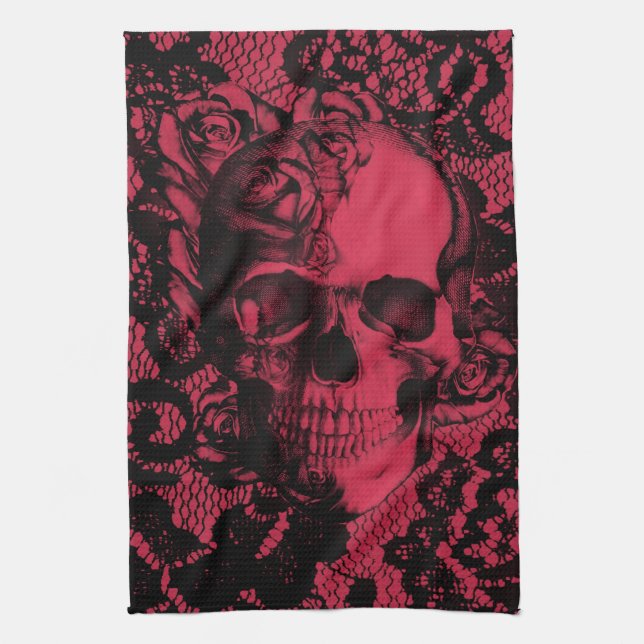 Red and black gothic lace skull. towel (Vertical)