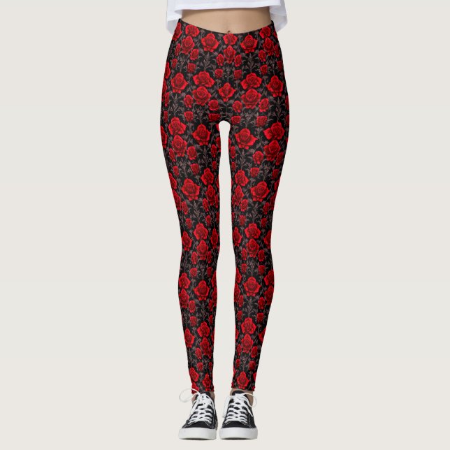 Red and Black Gothic Roses Leggings (Front)