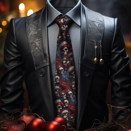 Red and Black Gothic Santa Skulls Festive Gothmas  Neck Tie