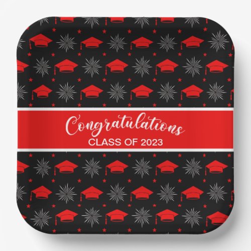 Red and Black Graduation Cap Pattern Paper Plates