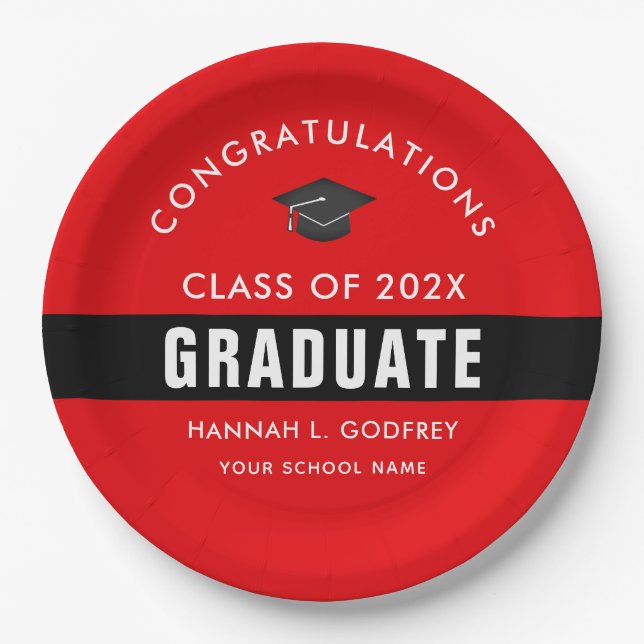 Red and Black Graduation Congrats Custom Paper Plates (Front)