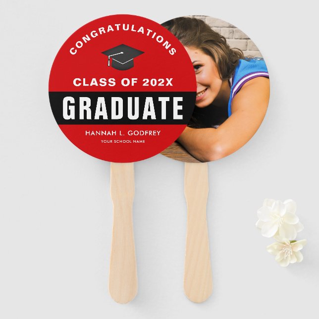 Red and Black Graduation Congratulations Photo Hand Fan (Front and Back)