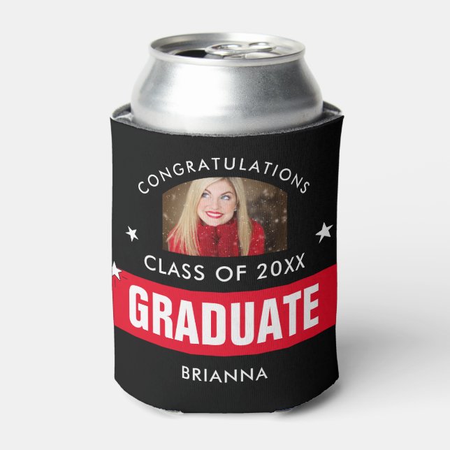 Red and Black Graduation Personalized Photo Can Cooler (Can Front)