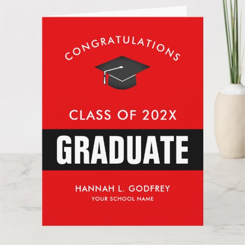 Red and Black Graduation Photo Congratulations Card