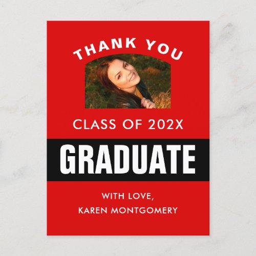 Red and Black Graduation Photo Thank You Postcard