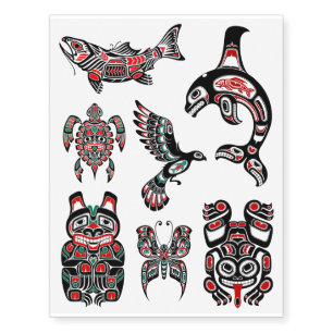 Red and Black Haida Native Animal Collection Temporary Tattoos