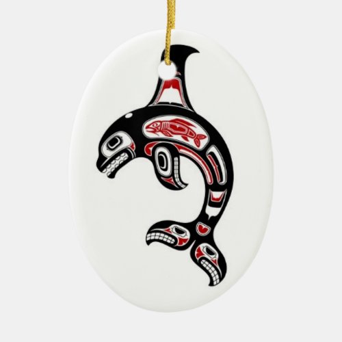 Red and Black Haida Spirit Killer Whale Ceramic Ornament