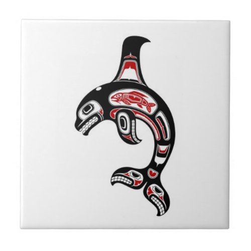 Red and Black Haida Spirit Killer Whale Tile