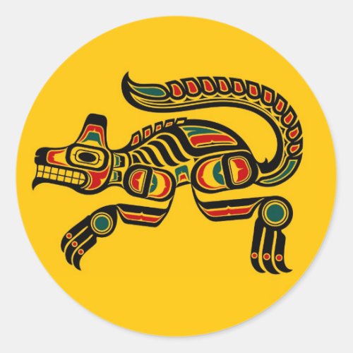 Red and Black Haida Spirit Wolf on Yellow Classic Round Sticker