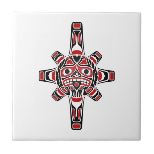 Red and Black Haida Sun Mask on White Ceramic Tile