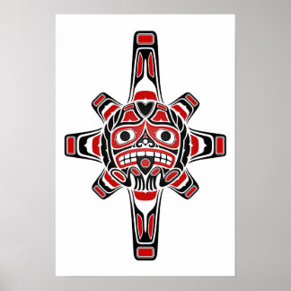 Red and Black Haida Sun Mask on White Poster
