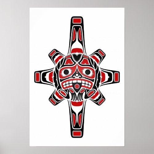 Red and Black Haida Sun Mask on White Poster